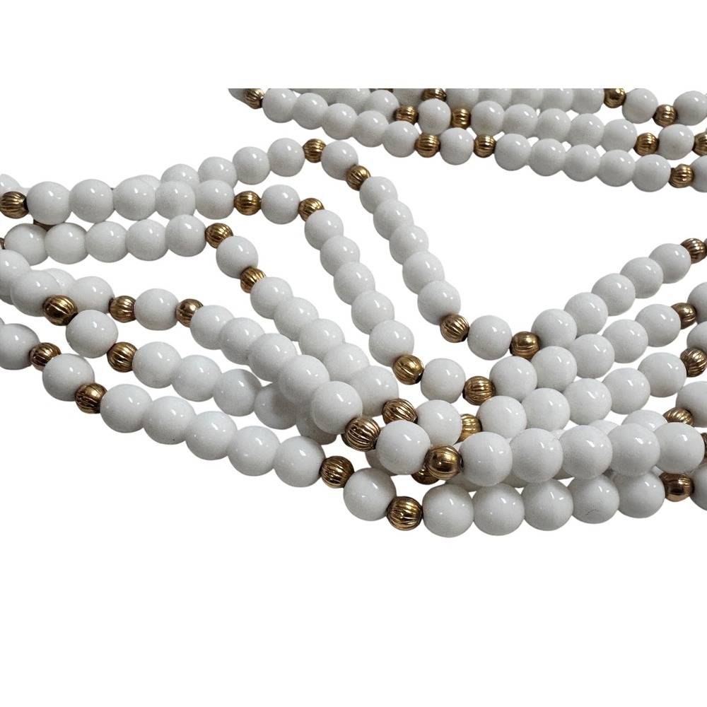 Multi Strand White milk glass Beaded Necklace Gold Tone Accent Clasp Statement - Picture 7 of 7